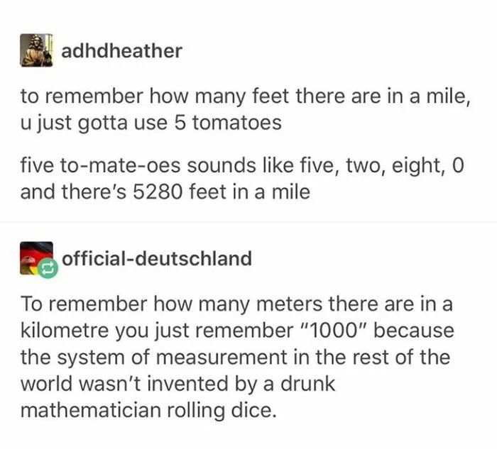 facepalm pics - document - adhdheather to remember how many feet there are in a mile, u just gotta use 5 tomatoes five tomateoes sounds five, two, eight, 0 and there's 5280 feet in a mile officialdeutschland To remember how many meters there are in a kilo