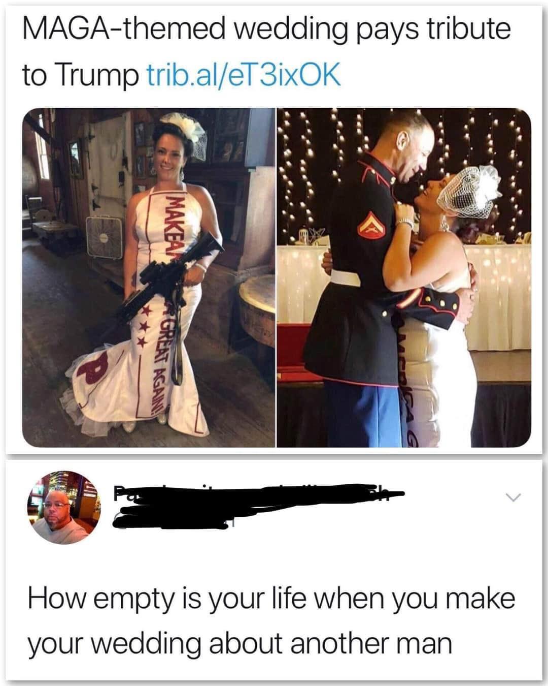 facepalm pics - shoulder - Magathemed wedding pays tribute to Trump trib.aleT3ixOK Makea Great Again How empty is your life when you make your wedding about another man