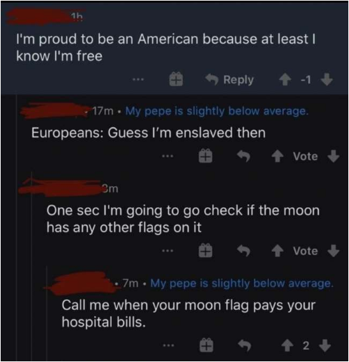 facepalm pics - screenshot - 1h I'm proud to be an American because at least I know I'm free 17m. My pepe is slightly below average. Europeans Guess I'm enslaved then 1 Vote Cm One sec I'm going to go check if the moon has any other flags on it Vote 7m. M