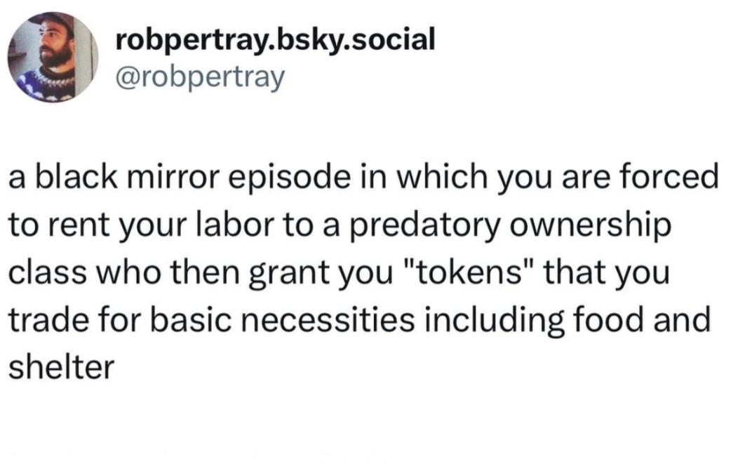 anti-work memes reddit - hunter vegan gatherer - robpertray.bsky.social a black mirror episode in which you are forced to rent your labor to a predatory ownership class who then grant you "tokens" that you trade for basic necessities including food and sh
