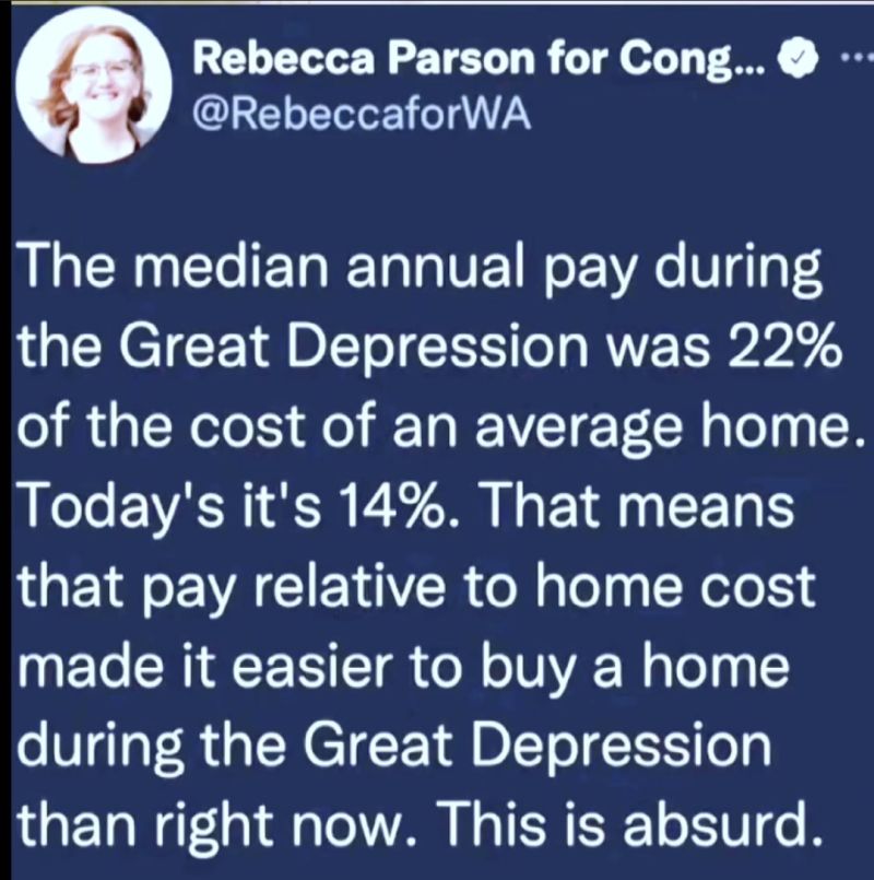 anti-work memes reddit - sky - Rebecca Parson for Cong... The median annual pay during the Great Depression was 22% of the cost of an average home. Today's it's 14%. That means that pay relative to home cost made it easier to buy a home during the Great D