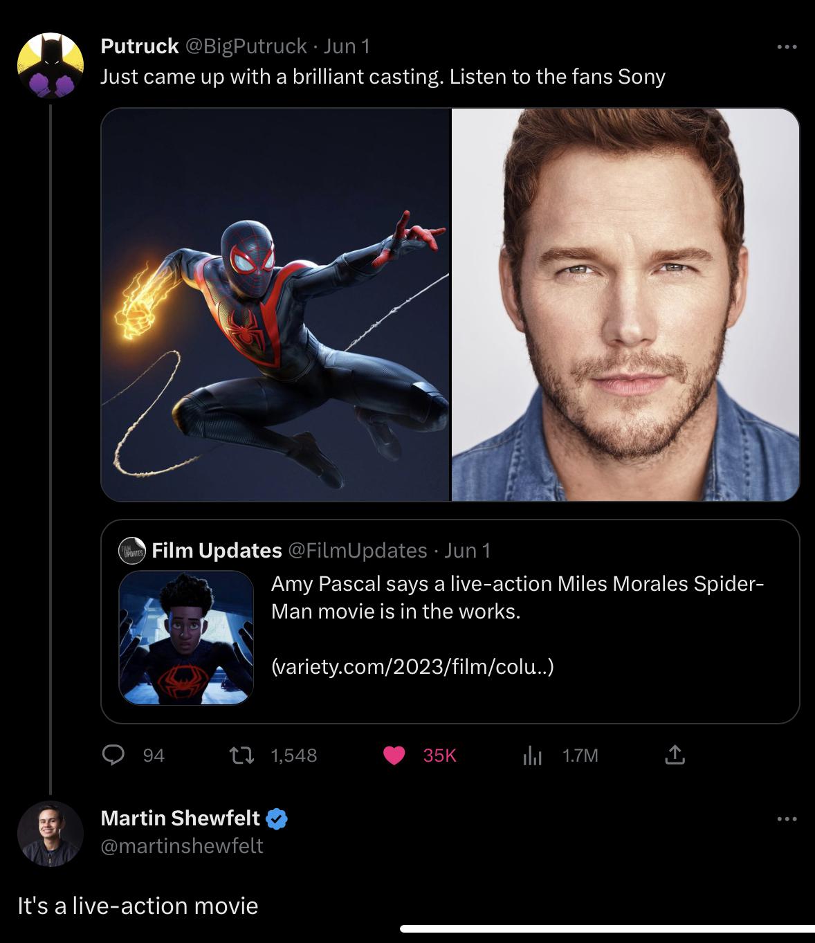 dumbs jokes - screenshot - Putruck . Jun 1 Just came up with a brilliant casting. Listen to the fans Sony Film Updates . Jun 1 94 Martin Shewfelt Amy Pascal says a liveaction Miles Morales Spider Man movie is in the works. 1 1,548 It's a liveaction movie 