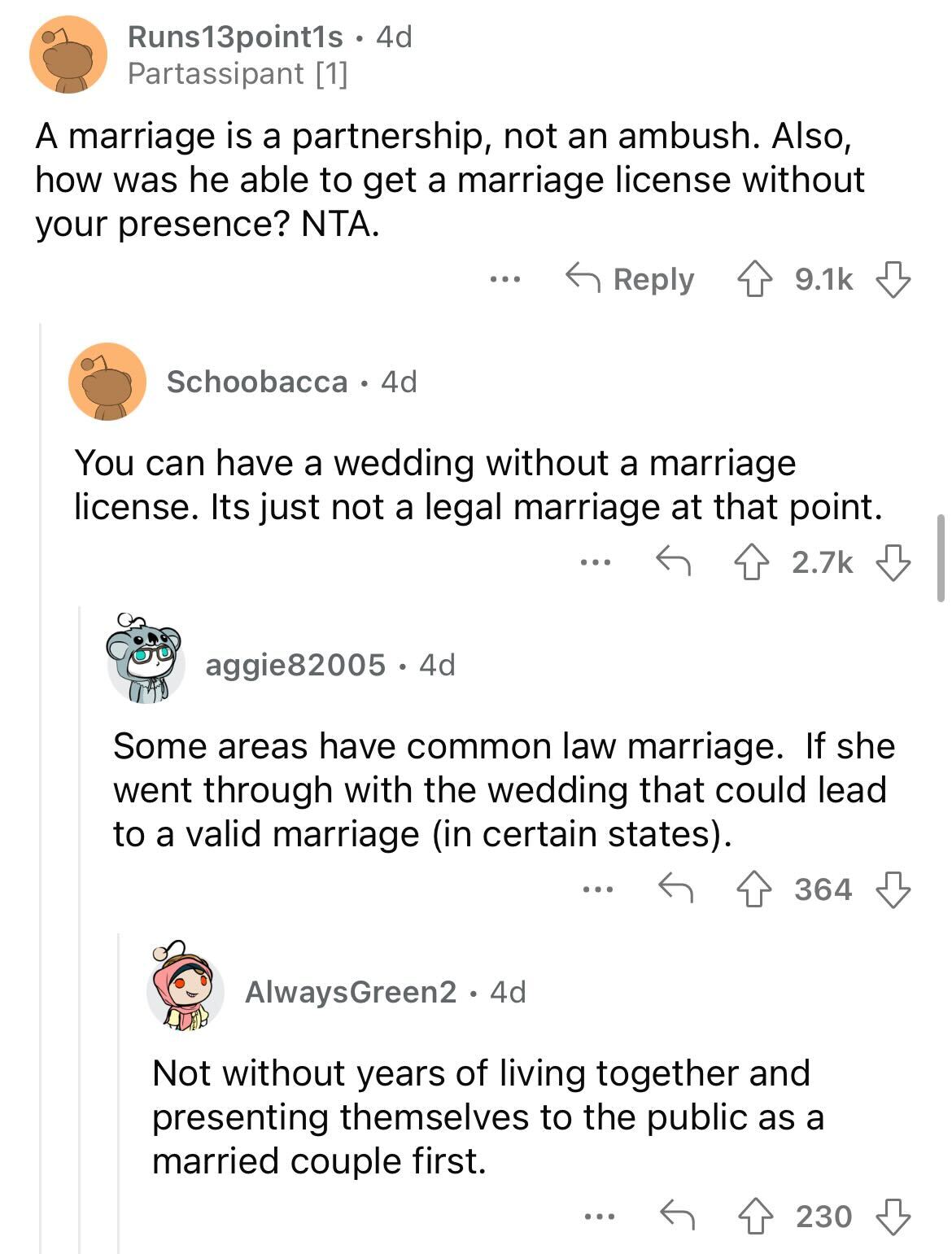 am i the asshole thread on reddit - document - Runs13point1s. 4d Partassipant 1 A marriage is a partnership, not an ambush. Also, how was he able to get a marriage license without your presence? Nta. Schoobacca 4d ... aggie82005 4d You can have a wedding 