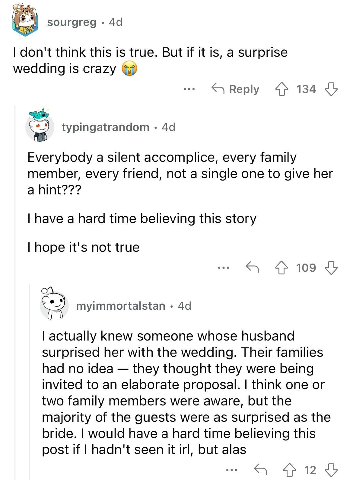 am i the asshole thread on reddit - document - sourgreg 4d I don't think this is true. But if it is, a surprise wedding is crazy ... typingatrandom . 4d Everybody a silent accomplice, every family member, every friend, not a single one to give her a hint?