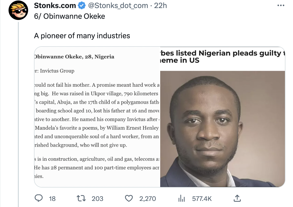 head - S6 Obinwanne Okeke A pioneer of many industries Obinwanne Okeke, 28, Nigeria r Invictus Group could not fail his mother. A promise meant hard work a ng big. He was raised in Ukpo