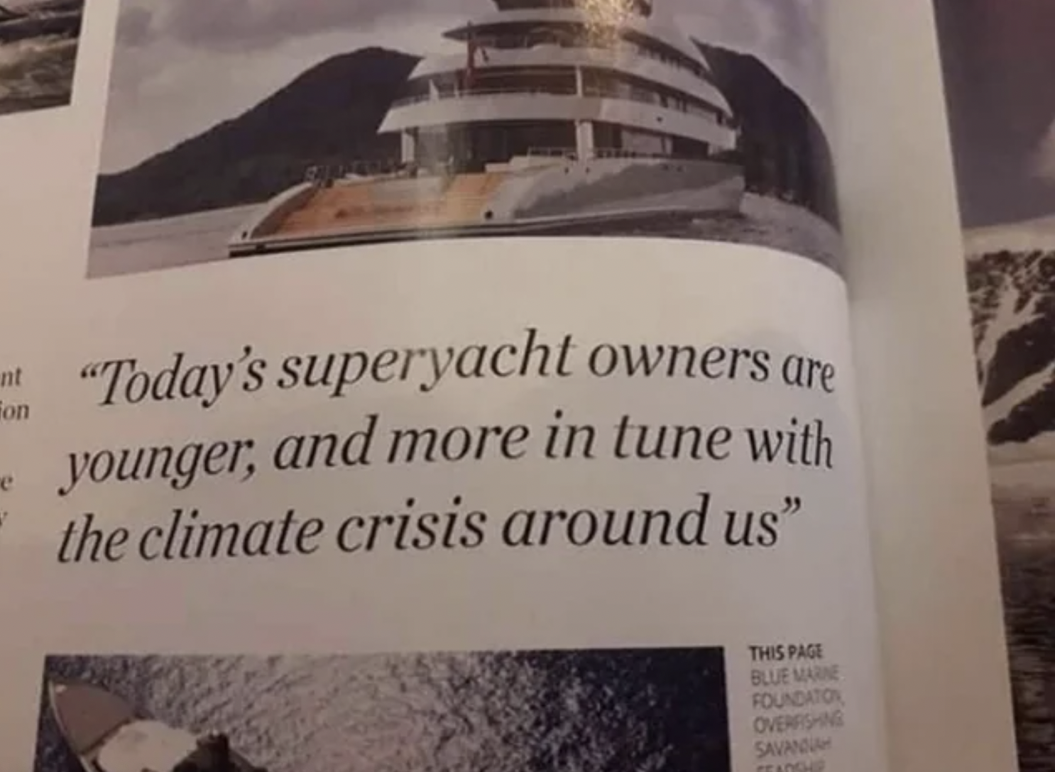 poster - Fon "Today's superyacht owners are younger, and more in tune with the climate crisis around us" This Page Blue Marne Foundation Overrishing Savana Teadshe