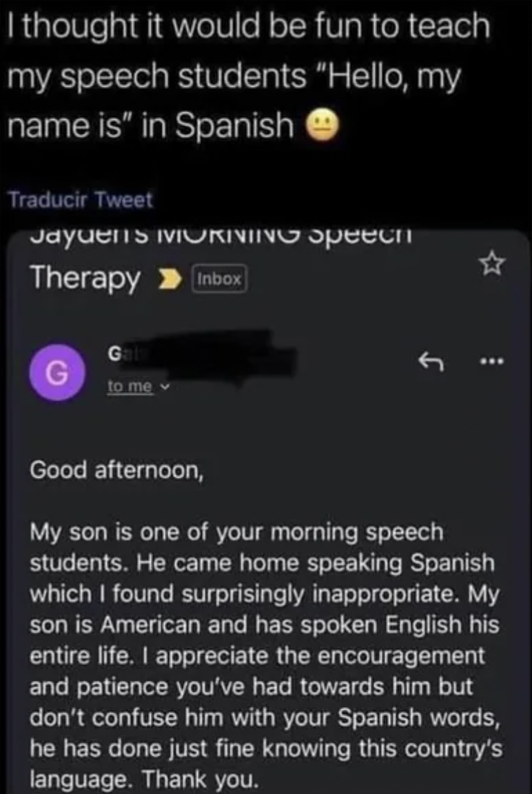 not good enough for truth - I thought it would be fun to teach my speech students "Hello, my name is" in Spanish Traducir Tweet Jayden's Morning Speech Therapy Inbox G to me Good afternoon, My son is one of your morning speech students. He came home speak