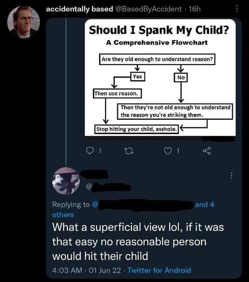 reddit facepalm - -  - accidentally based ByAccident. 16h Should I Spank My Child? A Comprehensive Flowchart Are they old enough to understand reason? @ Yes Then use reason. 1 Stop hitting your child, asshole. Then they're not old enough to understand the