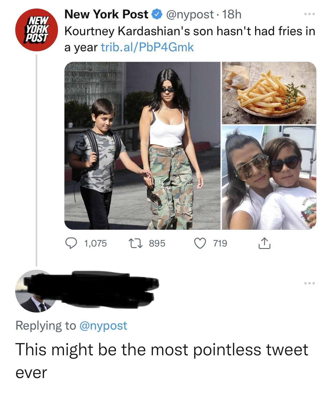 reddit facepalm - kim kardashian son has not eaten fries - New York Post New York Post . 18h Kourtney Kardashian's son hasn't had fries in a year trib.alPbP4Gmk 1,075 1895 719 This might be the most pointless tweet ever