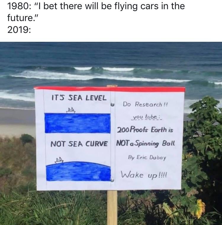 reddit facepalm - water resources - 1980 "I bet there will be flying cars in the future." 2019 It'S Sea Level Do Research !! you tube 200 Proofs Earth is Not Sea Curve Not a Spinning Ball By Eric Dubay Wake up!!!!
