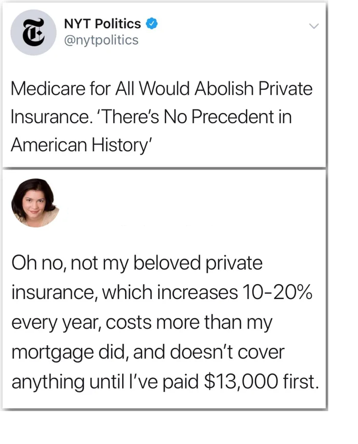 reddit facepalm - paper - Nyt Politics Medicare for All Would Abolish Private Insurance. 'There's No Precedent in American History' Oh no, not my beloved private insurance, which increases 1020% every year, costs more than my mortgage did, and doesn't cov