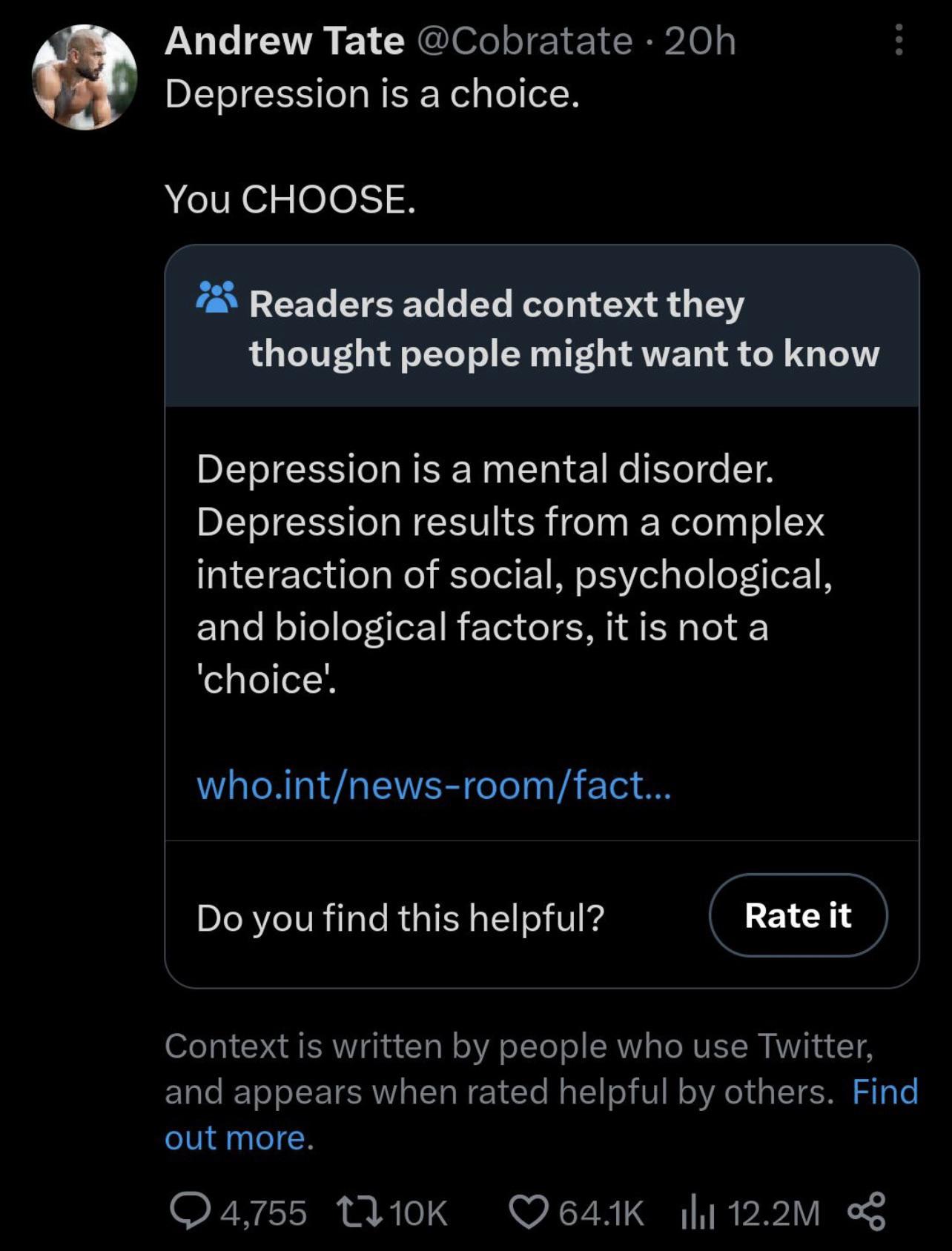 reddit facepalm - screenshot - Andrew Tate 20h Depression is a choice. You Choose. Readers added context they thought people might want to know Depression is a mental disorder. Depression results from a complex interaction of social, psychological, and bi