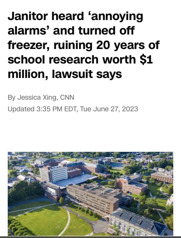 reddit facepalm - urban design - Janitor heard 'annoying alarms' and turned off freezer, ruining 20 years of school research worth $1 million, lawsuit says By Jessica Xing, Cnn Updated Edt, Tue Socare