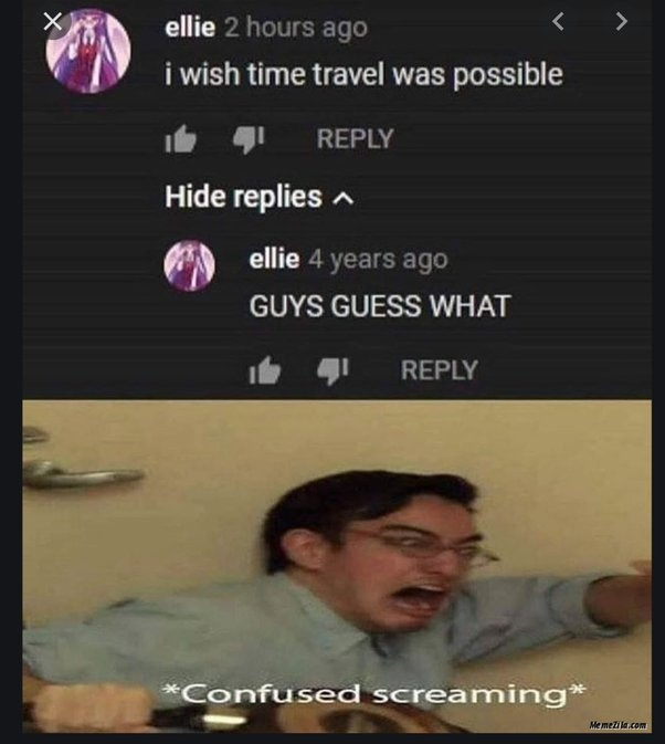 people who missed the joke - confused screaming meme - X ellie 2 hours ago i wish time travel was possible Hide replies ellie 4 years ago Guys Guess What Confused screaming MemeZila.com