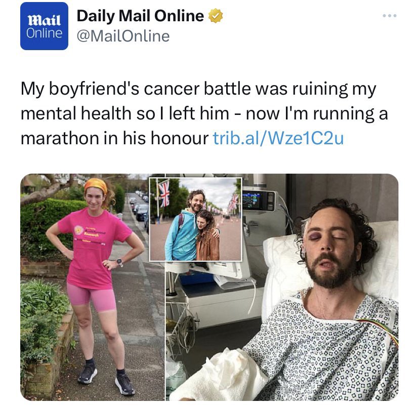 my boyfriend's cancer battle was ruining - mail Daily Mail Online Online ... My boyfriend's cancer battle was ruining my mental health so I left him now I'm running a marathon in his honour trib.alWze1C2u