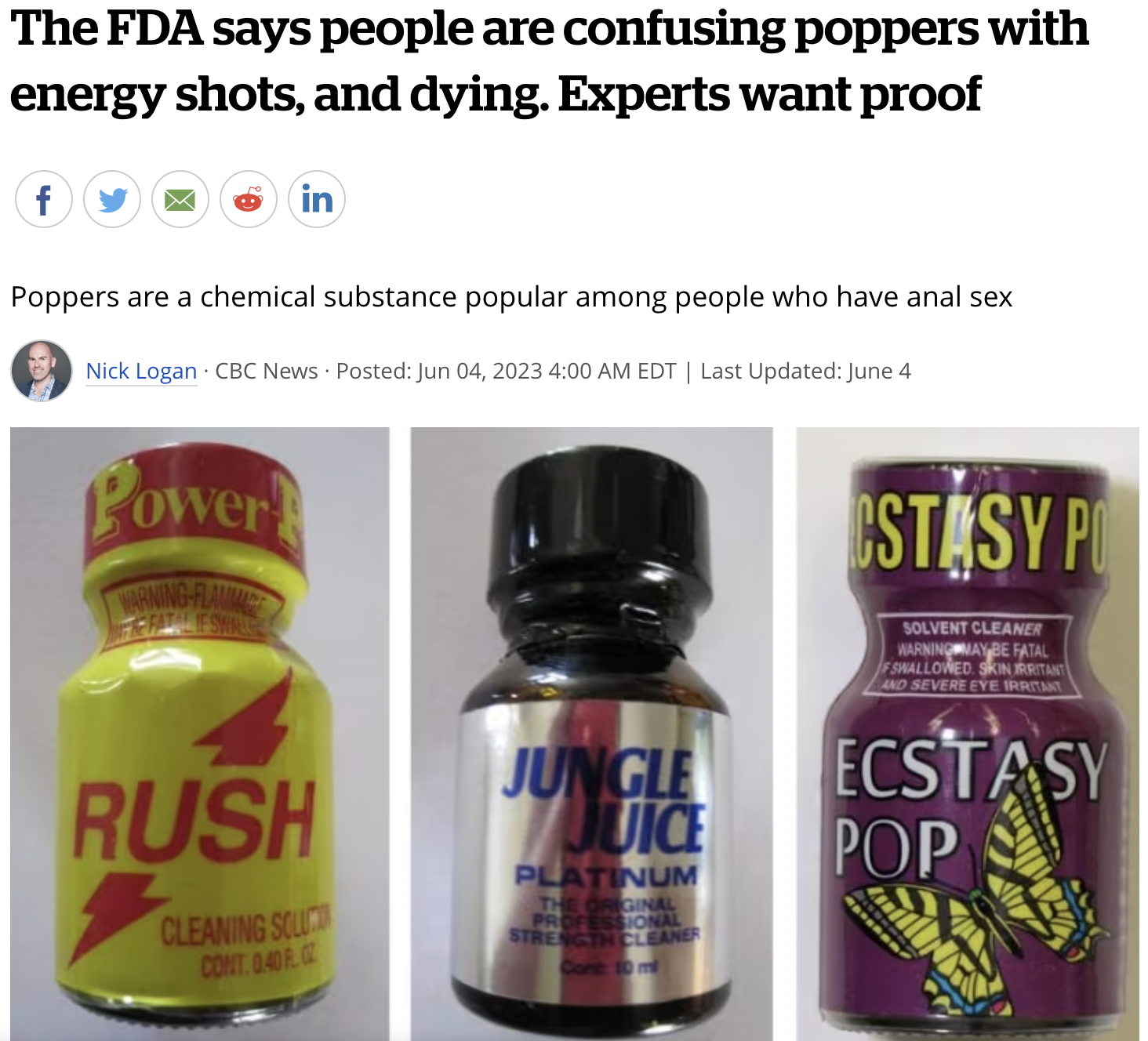 poppers canada - The Fda says people are confusing poppers with energy shots, and dying. Experts want proof f in Poppers are a chemical substance popular among people who have Nick Logan Cbc News Posted Edt | Last Updated June 4 Power Warning Fla