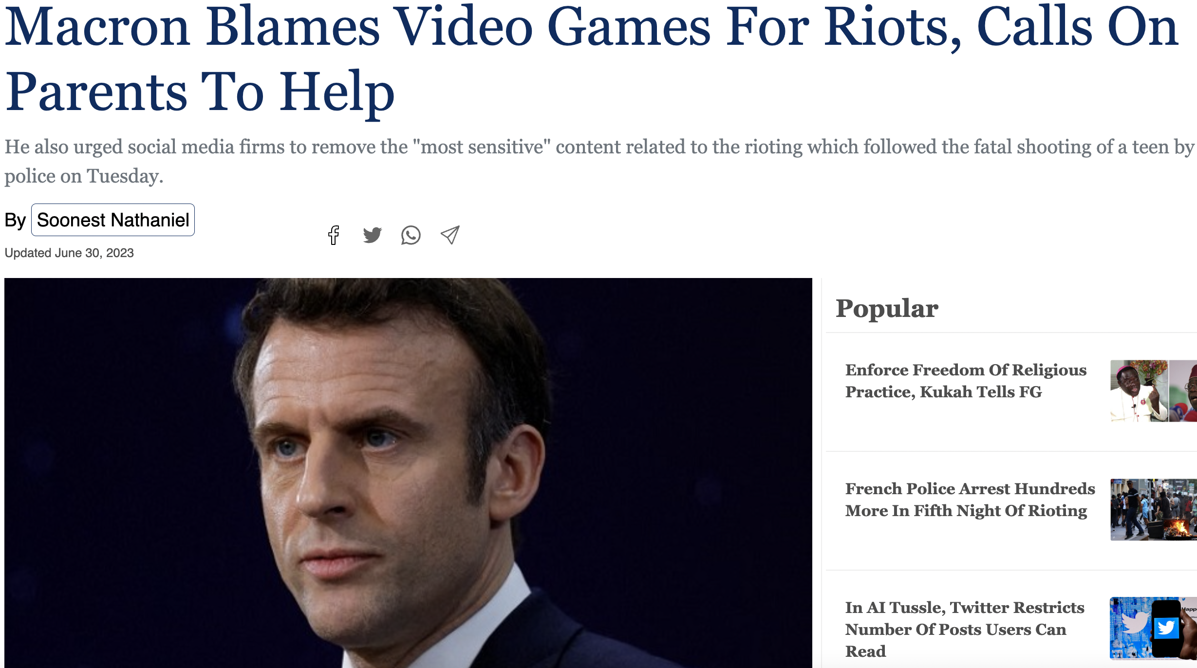 media - Macron Blames Video Games For Riots, Calls On Parents To Help He also urged social media firms to remove the