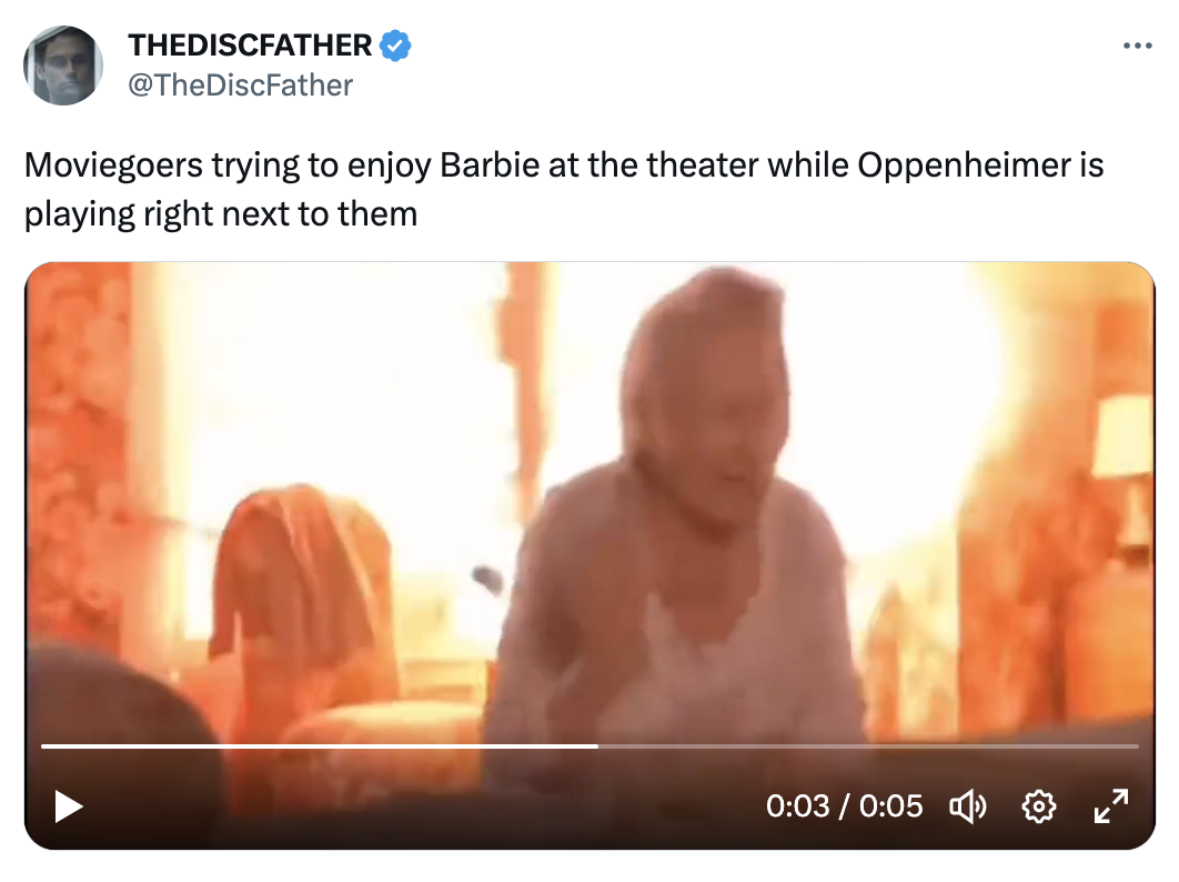 video - Thediscfather Moviegoers trying to enjoy Barbie at the theater while Oppenheimer is playing right next to them ...