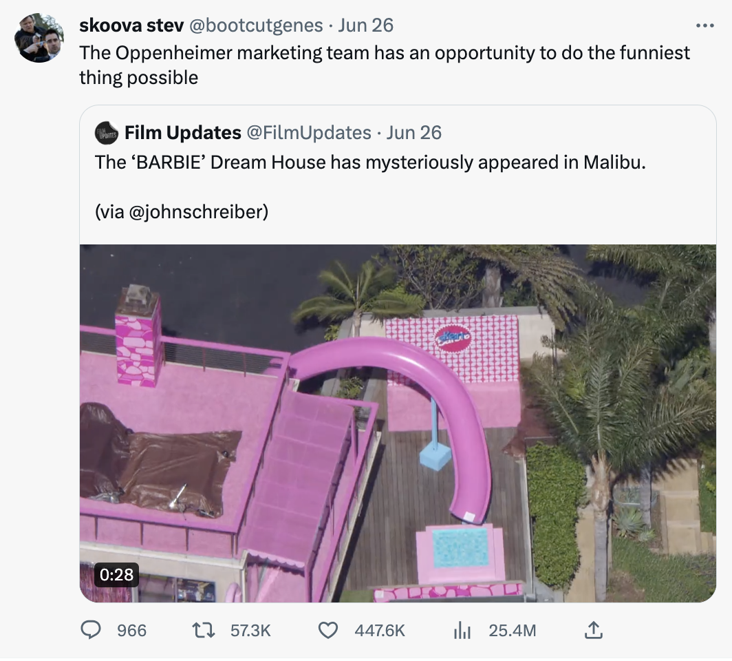 skoova stev Jun 26 The Oppenheimer marketing team has an opportunity to do the funniest thing possible Film Updates . Jun 26 The 'Barbie' Dream House has mysteriously appeared in Malibu. via 966 e i25.4M