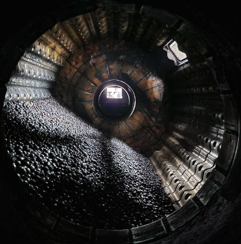 Inside a ball mill used for pulverizing coal.