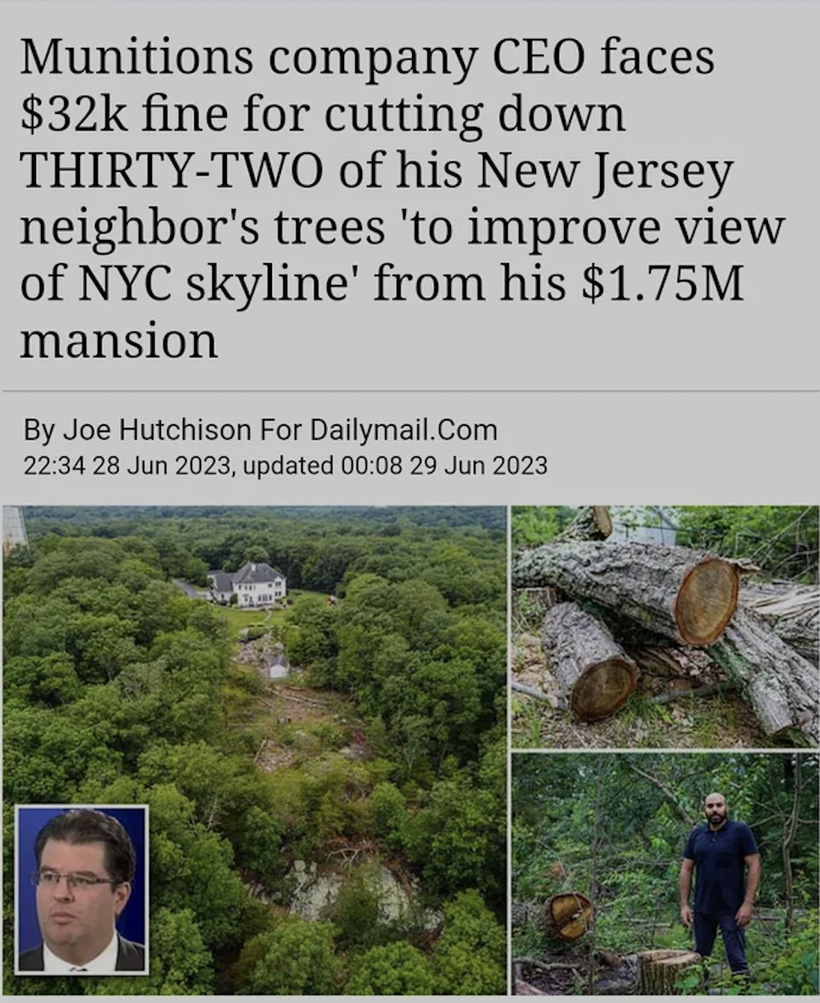 nature reserve - Munitions company Ceo faces $32k fine for cutting down ThirtyTwo of his New Jersey neighbor's trees 'to improve view of Nyc skyline' from his $1.75M mansion By Joe Hutchison For Dailymail.Com , updated