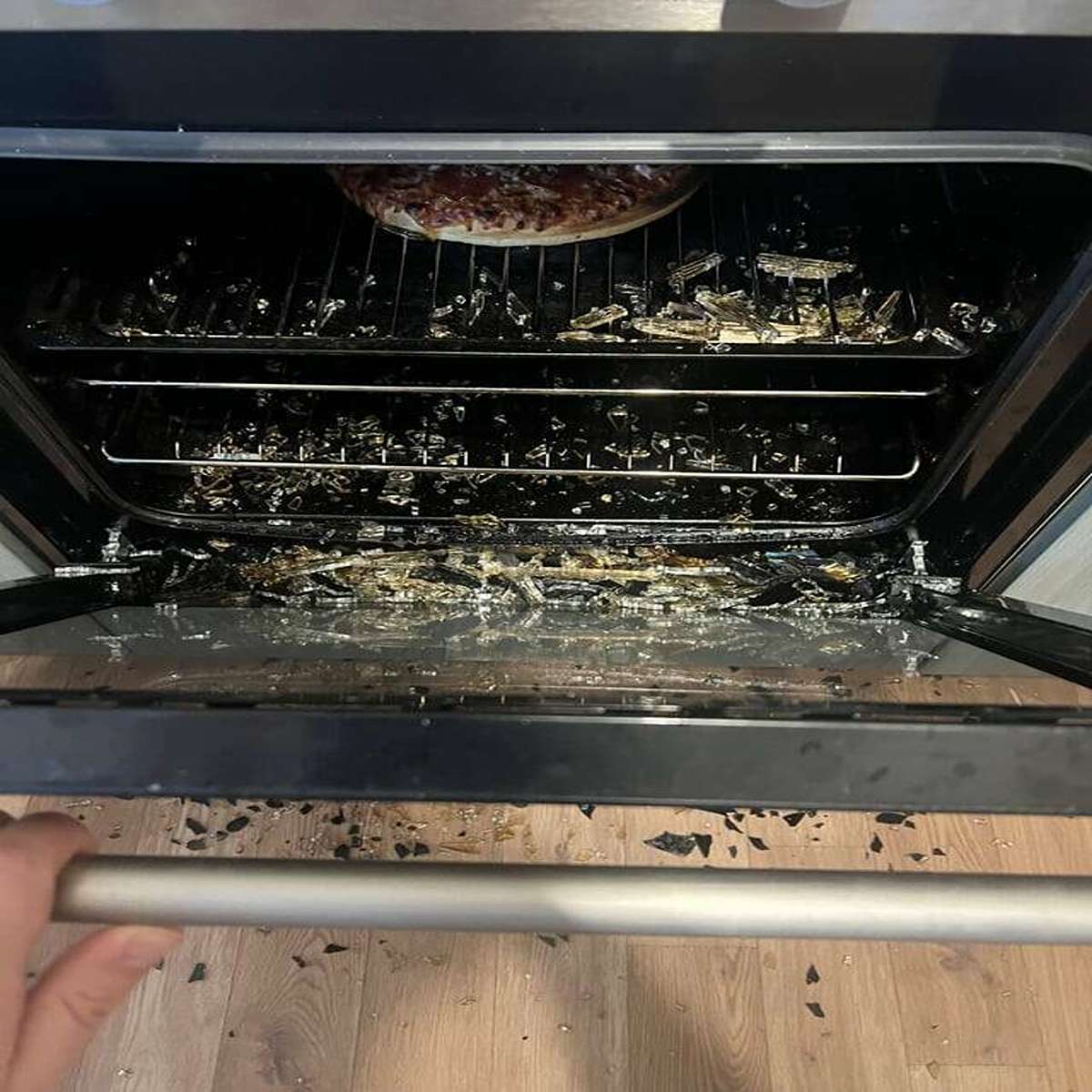 Pizza and oven door ruined in one fail swoop.