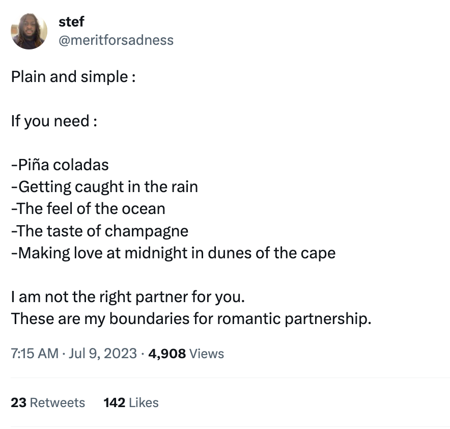 document - stef Plain and simple If you need Pia coladas Getting caught in the rain The feel of the ocean The taste of champagne Making love at midnight in dunes of the cape I am not the right partner for you. These are my boundaries for romantic partners