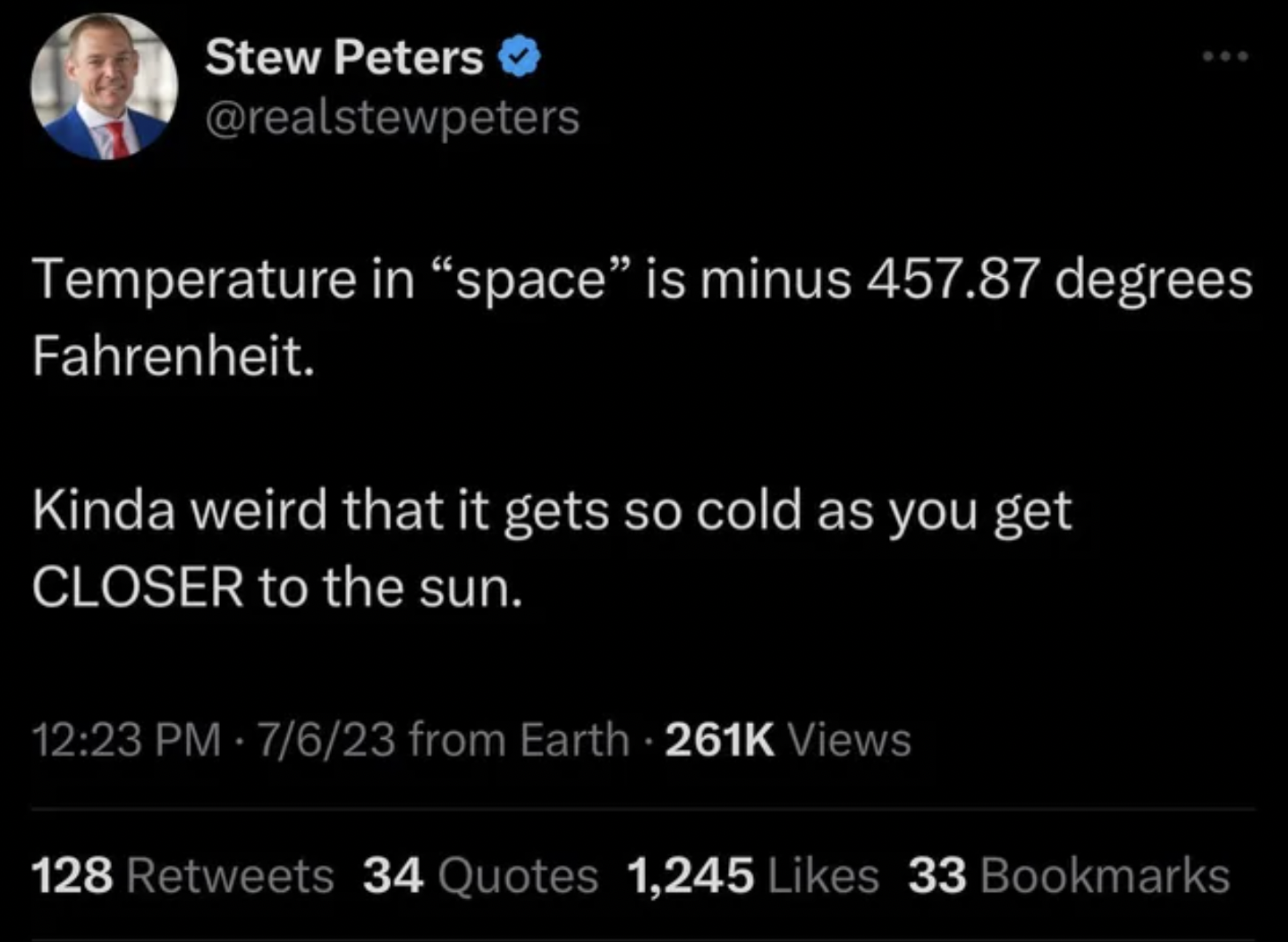 insane people on facebook - atmosphere - Stew Peters Temperature in "space" is minus 457.87 degrees Fahrenheit. Kinda weird that it gets so cold as you get Closer to the sun. 7623 from Earth Views 128 34 Quotes 1,245 33 Bookmarks