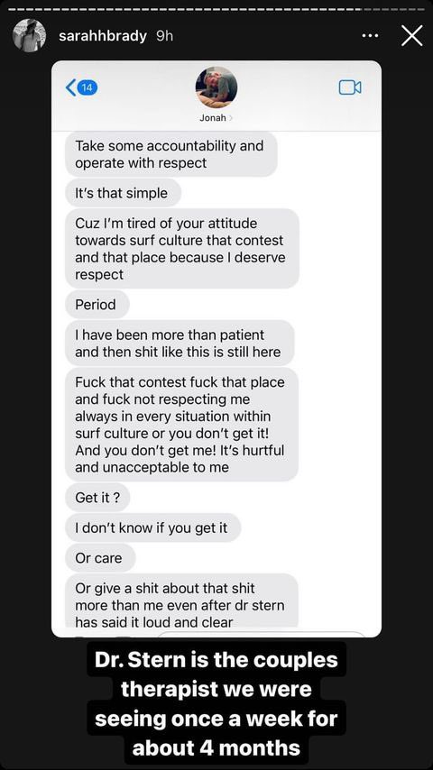 jonah hill text messages - screenshot - sarahhbrady 9h 14 Jonah > Take some accountability and operate with respect It's that simple Cuz I'm tired of your attitude towards surf culture that contest and that place because I deserve respect Period I have be