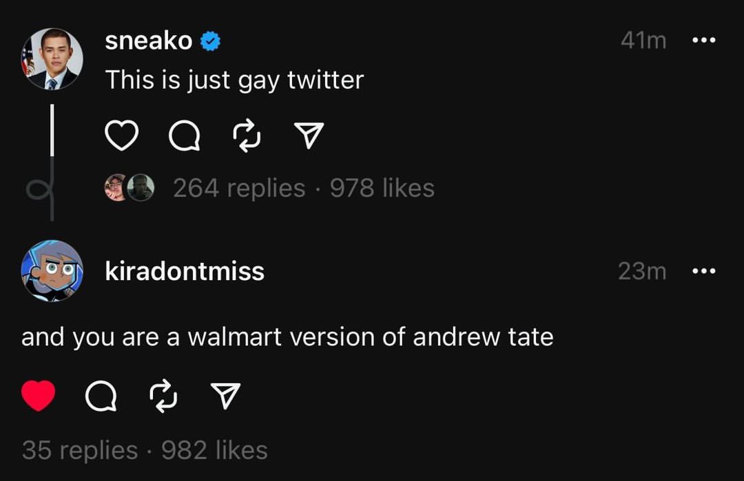 best threads of the week - screenshot - sneako This is just gay twitter D 264 replies 978 kiradontmiss . . and you are a walmart version of andrew tate 2 2 D 35 replies 982 41m 23m ... ...