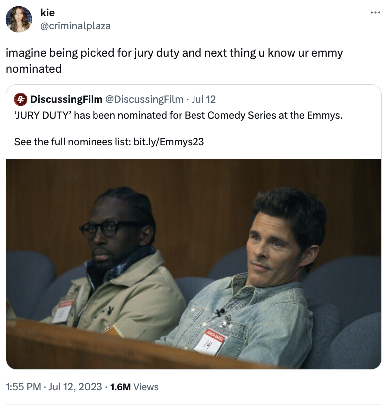 james marsden jury duty - kie imagine being picked for jury duty and next thing u know ur emmy nominated DiscussingFilm Jul 12 'Jury Duty' has been nominated for Best Comedy Series at the Emmys. See the full nominees list bit.lyEmmys23 1.6M Views