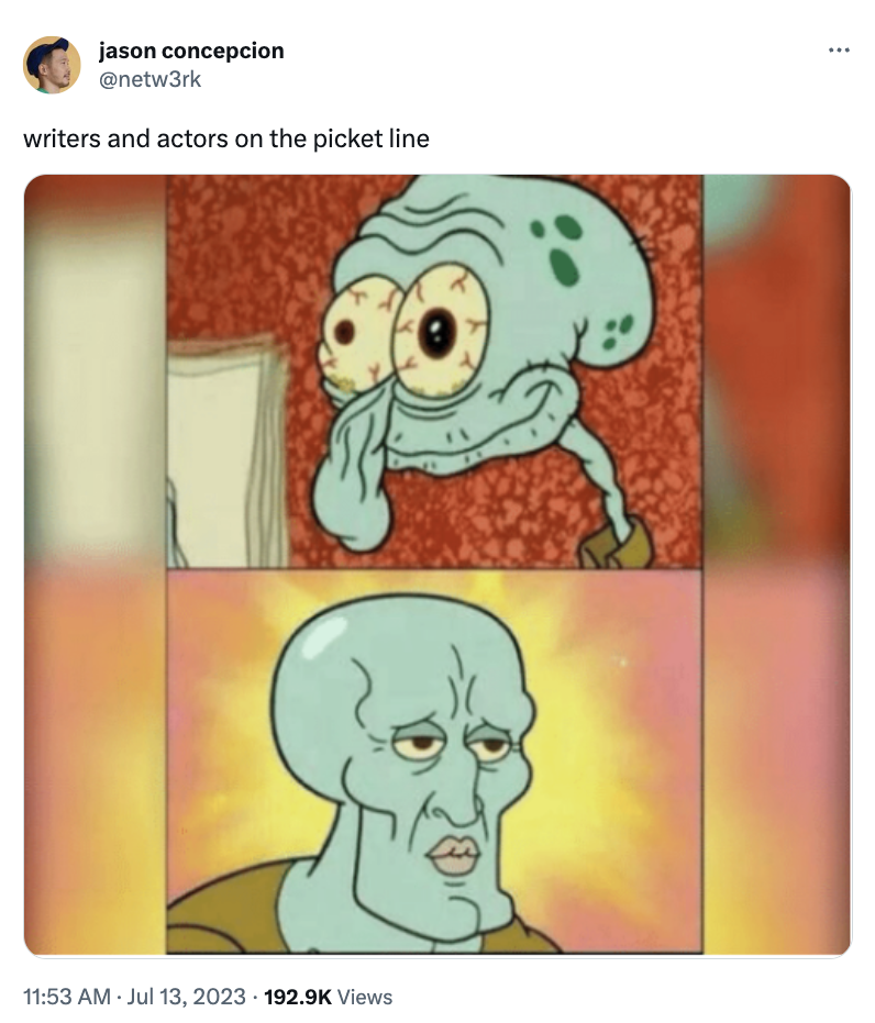 handsome squidward - jason concepcion writers and actors on the picket line . Views