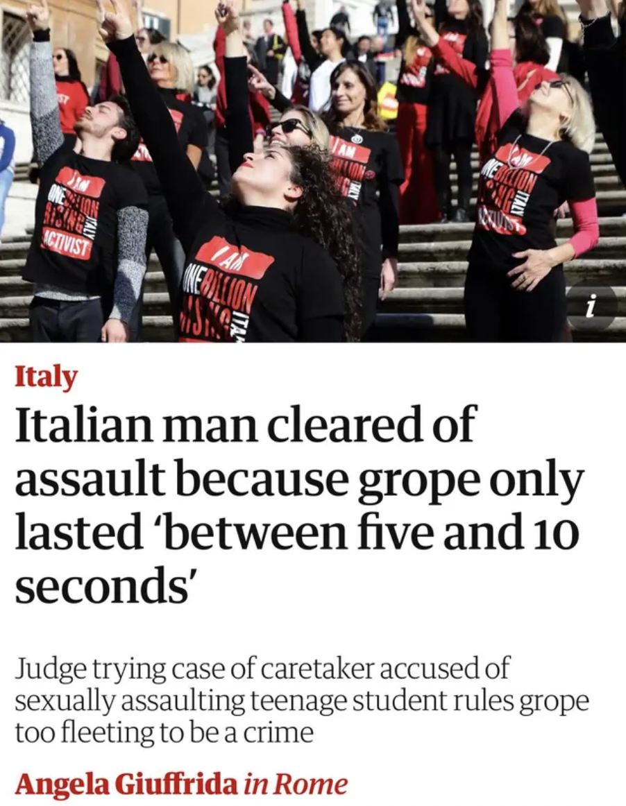 piazza di spagna - Cevist Italy Italian man cleared of assault because grope only lasted between five and 10 seconds' Judge trying case of caretaker accused of sexually assaulting teenage student rules grope too fleeting to be a crime Angela Giuffrida in 