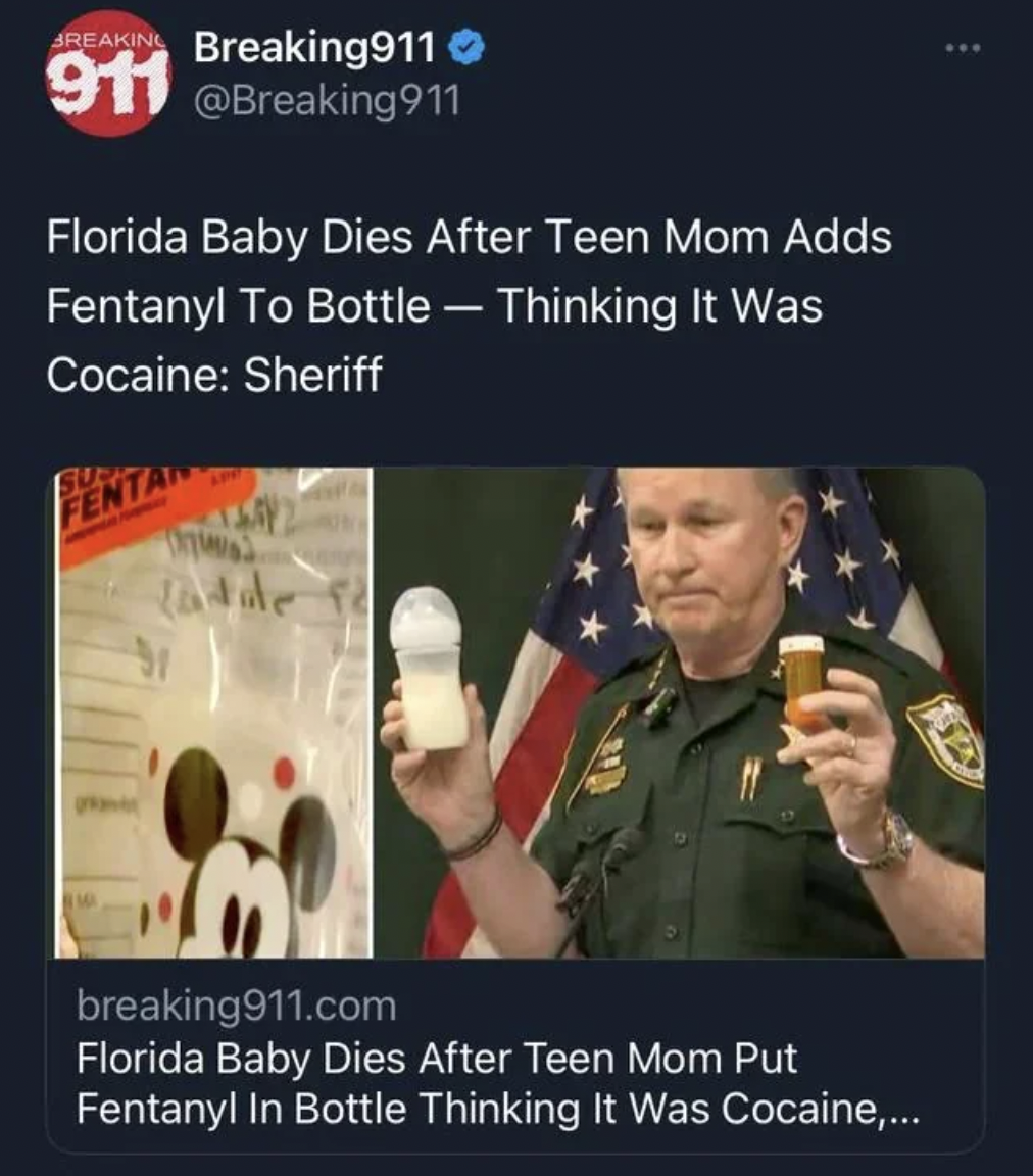 photo caption - Areaking Breaking911 911 911 Florida Baby Dies After Teen Mom Adds Fentanyl To Bottle Thinking It Was Cocaine Sheriff Talde breaking911.com Florida Baby Dies After Teen Mom Put Fentanyl In Bottle Thinking It Was Cocaine,... www