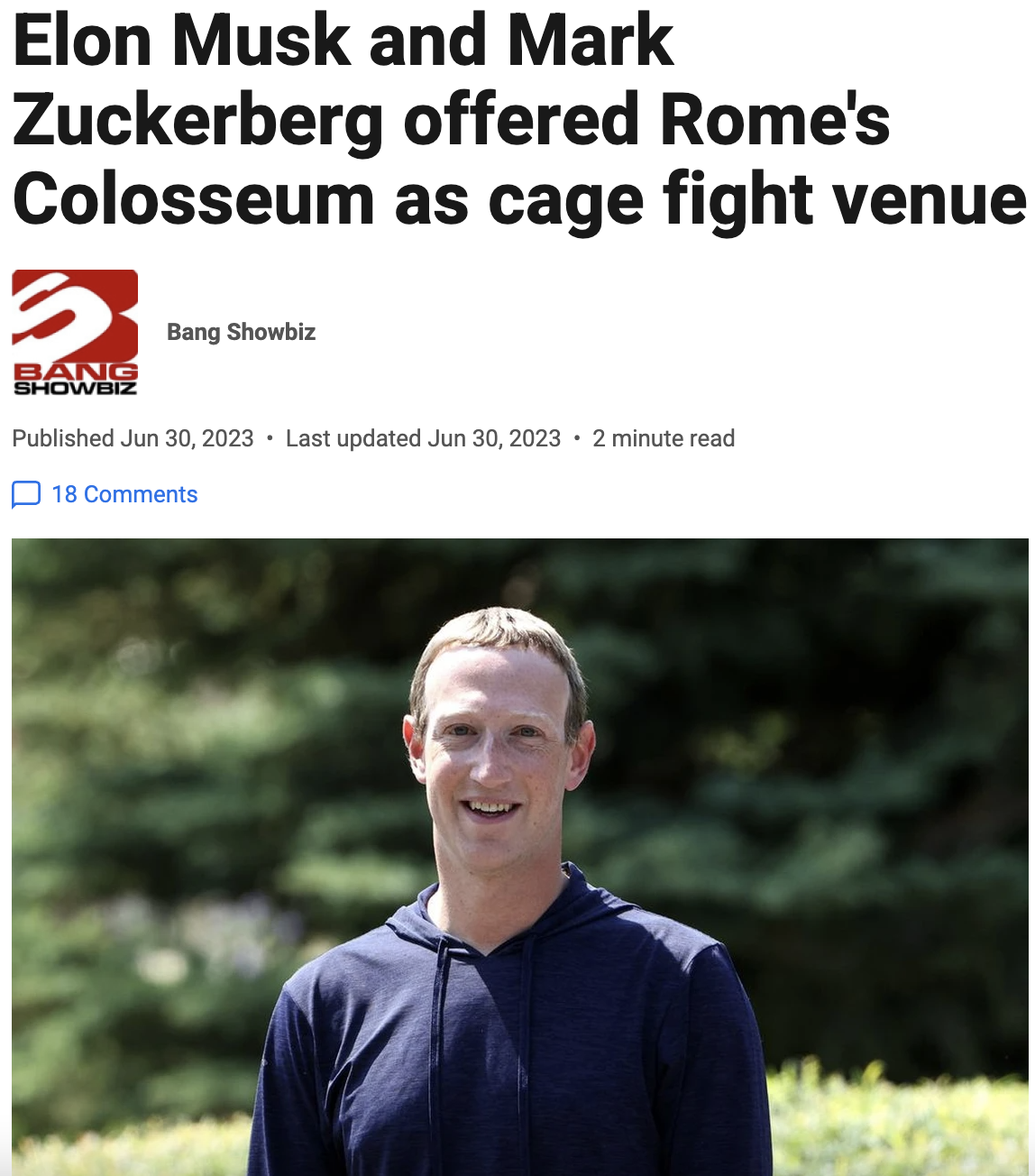 mark zuckerberg - Elon Musk and Mark offered Rome's Zuckerberg Colosseum as cage fight venue 5 Bang Showbiz Published Last updated . 2 minute read 18 Bang Showbiz