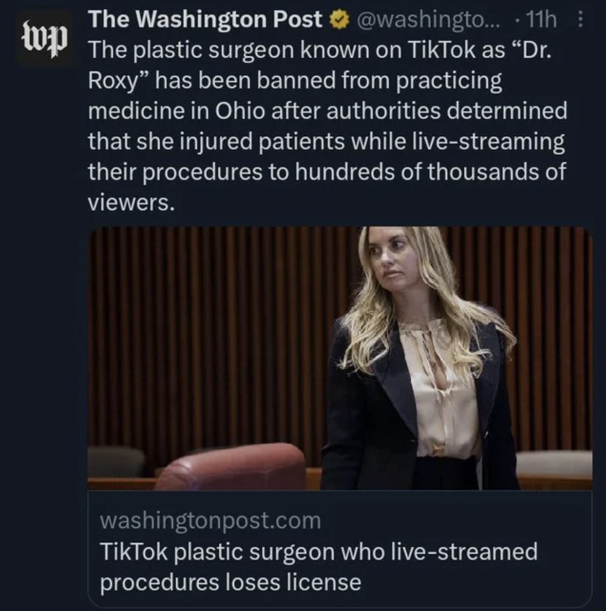 presentation - The Washington Post ... 11h The plastic surgeon known on TikTok as "Dr. Roxy" has been banned from practicing medicine in Ohio after authorities determined that she injured patients while livestreaming their procedures to hundreds of thousa