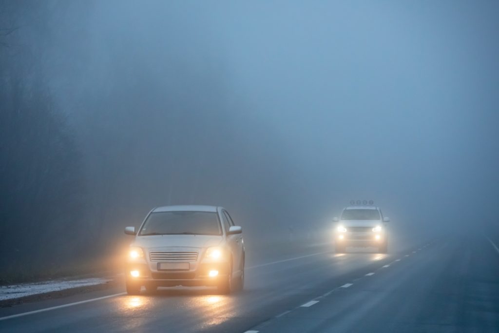 Turn on your headlights in fog, rain, or snow to make it easier for other drivers to see you. Turning them on is not to help you see better. And, no, high beams will not make it better anyone. Shining high beams directly into a fog causes glare and the light to be reflected back at you. u/YannisALT