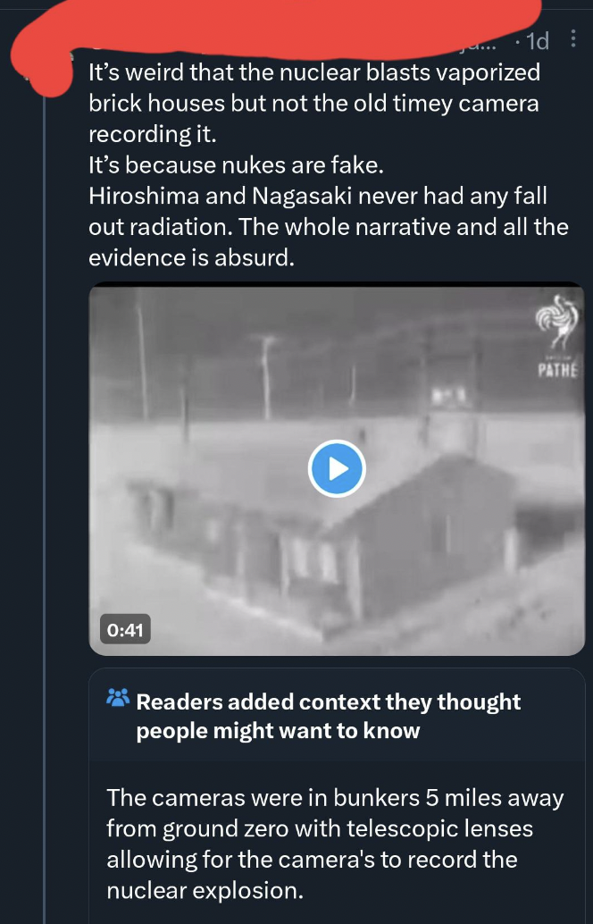 screenshot - 1d It's weird that the nuclear blasts vaporized brick houses but not the old timey camera recording it. It's because nukes are fake. Hiroshima and Nagasaki never had any fall out radiation. The whole narrative and all the evidence is absurd. 