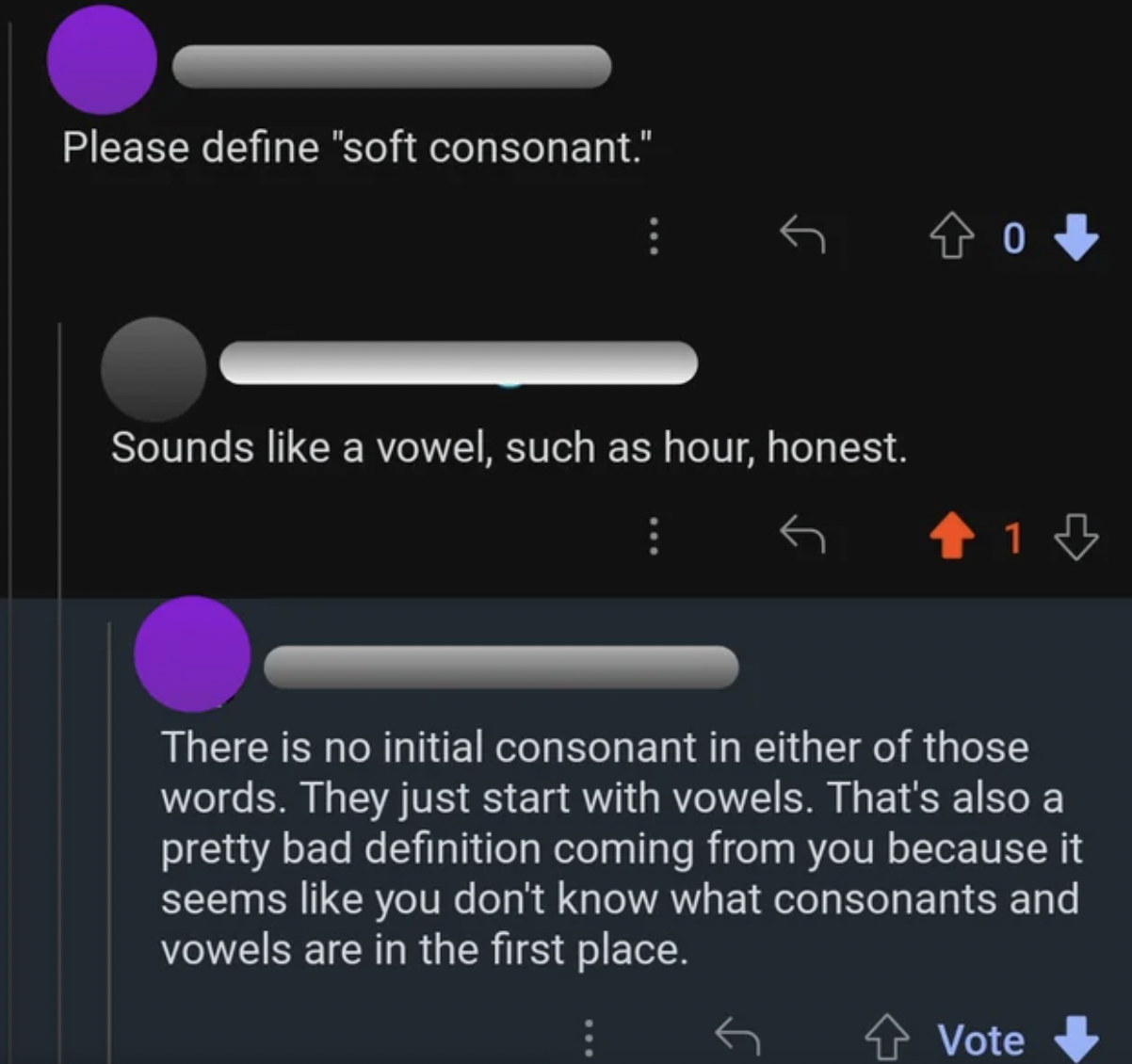 screenshot - Please define "soft consonant." Sounds a vowel, such as hour, honest. 40 13 There is no initial consonant in either of those words. They just start with vowels. That's also a pretty bad definition coming from you because it seems you don't kn