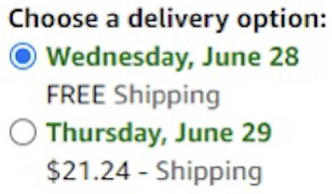 number - Choose a delivery option Wednesday, June 28 Free Shipping O Thursday, June 29 $21.24 Shipping