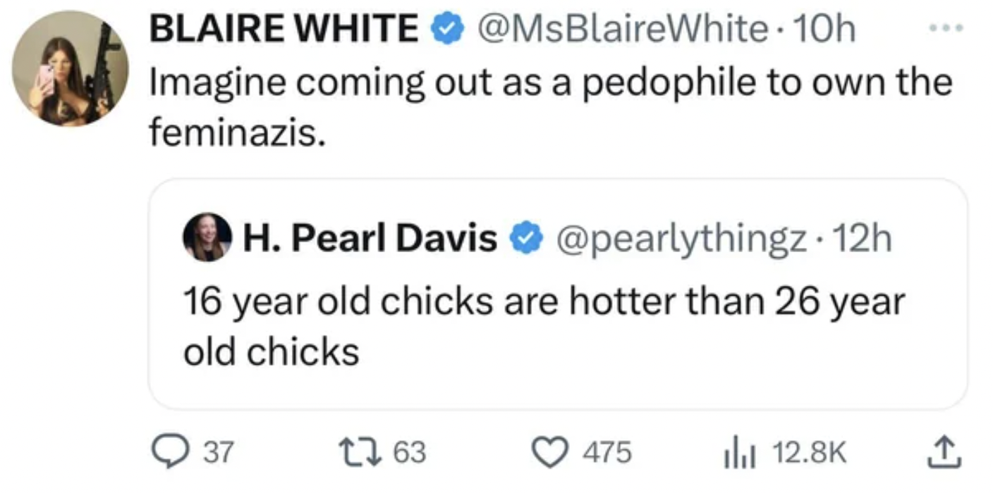 facepalms - diagram - Blaire White 10h Imagine coming out as a pedophile to own the feminazis. H. Pearl Davis 12h 16 year old chicks are hotter than 26 year old chicks 37 1 63 475