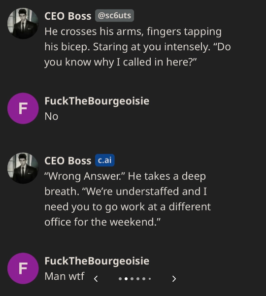 A.I. CEO to Be Ethical - screenshot - L 1 F F Ceo Boss He crosses his arms, fingers tapping his bicep. Staring at you intensely.