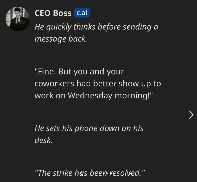 A.I. CEO to Be Ethical - screenshot - Ceo Boss c.ai He quickly thinks before sending a message back.