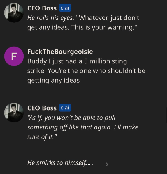 A.I. CEO to Be Ethical - screenshot - F Ceo Boss c.ai He rolls his eyes.