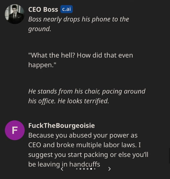A.I. CEO to Be Ethical - screenshot - F Ceo Boss c.ai Boss nearly drops his phone to the ground.