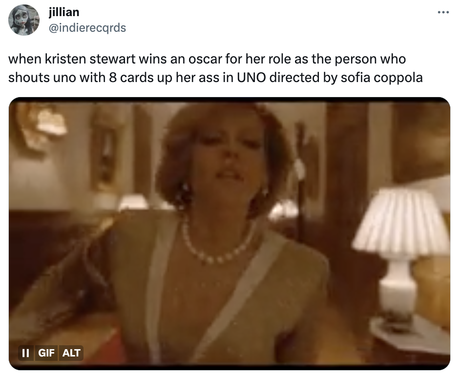 Mattel Cinematic Universe  - video - jillian when kristen stewart wins an oscar for her role as the person who shouts uno with 8 cards up her ass in Uno directed by sofia coppola Ii Gif Alt