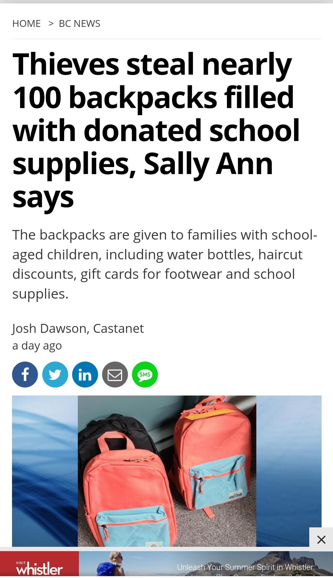 trashy people - water - Home > Bc News Thieves steal nearly 100 backpacks filled with donated school supplies, Sally Ann says The backpacks are given to families with school aged children, including water bottles, haircut discounts, gift cards for footwea