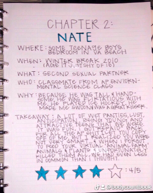bodycount book - handwriting - Chapter 2 Nate Where When Winter Break 2010 Age Just Shy Some TeeNAge Boys Bedroom In Va Beach What Second Sexual Partner Who Classmate From Ap Enviorn Mental Science Class Why Because He Was Tall & Hand SoMe, He Was Flirtat