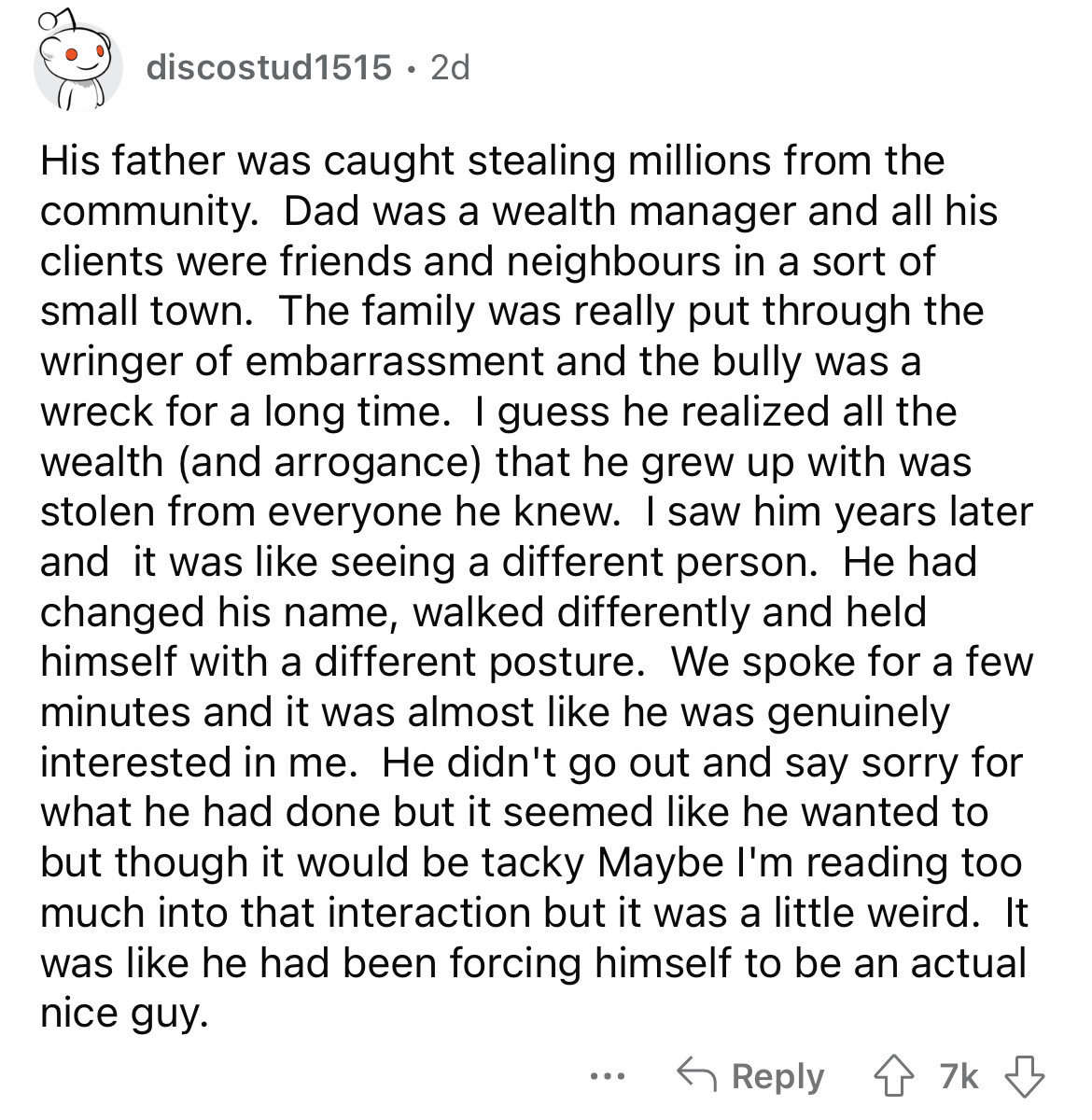 what happened to school bullies - party description - discostud1515 2d His father was caught stealing millions from the community. Dad was a wealth manager and all his clients were friends and neighbours in a sort of small town. The family was really put