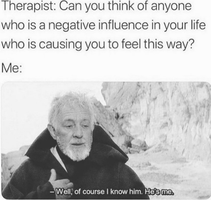 memes reddit twitter - photograph - Therapist Can you think of anyone who is a negative influence in your life who is causing you to feel this way? Me Well, of course I know him. He's me.